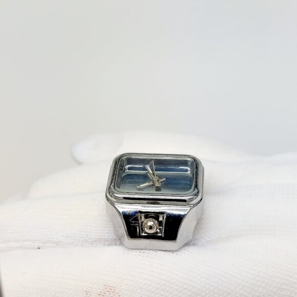 Vintage-like All silver tone mirror dial (2 glow hands) rectangular ring watch b - Picture 4 of 6